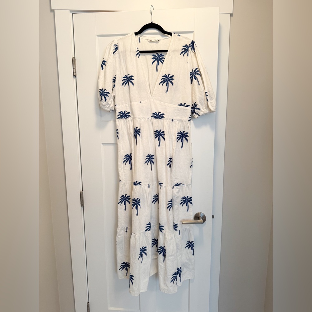 Zara White Dress with Blue Palm Design
